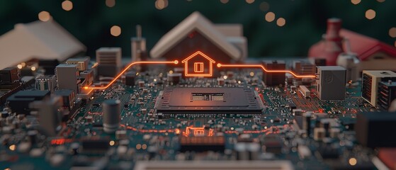 Obraz premium Smart Home Technology CPU Microchip Network IoT Futuristic Motherboard
