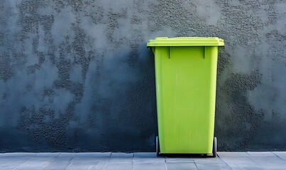 A bright green trash bin against a textured gray wall, emphasizing waste management.