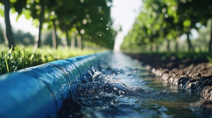 Water flows from a blue pipe into a ditch, amidst a sunlit orchard. Illustrates irrigation, agriculture, or water conservation.