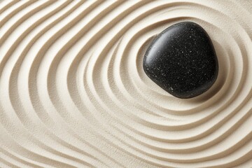 Naklejka premium Zen garden stone resting on raked sand patterns.