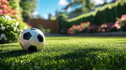 Fototapeta premium A soccer ball on green grass in vibrant garden.