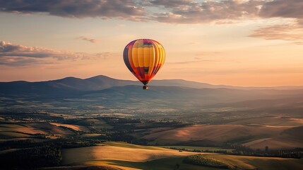 Obraz premium Hot Air Balloon Flight over Majestic Sunset Landscape