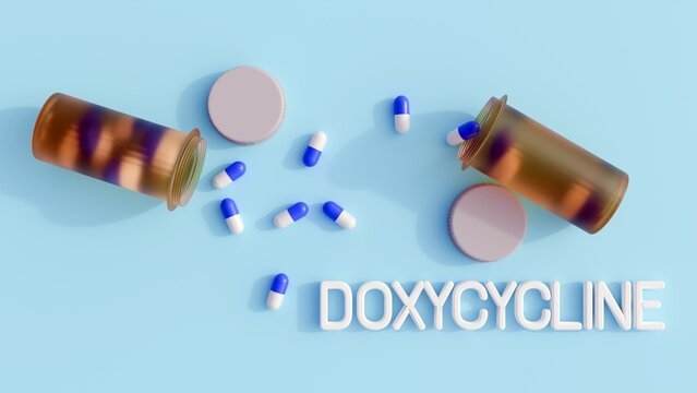 3d rendering of pill bottle, capsules, molecular structure, and text representation of doxycycline against white background