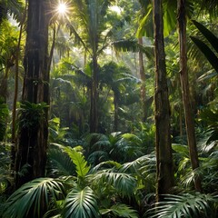 Naklejka premium Sunlit Palm Grove in a Verdant Rainforest Teeming with Exotic Birds