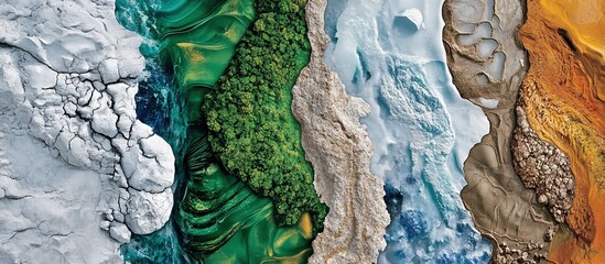 Aerial view of five different biomes arranged in strips.