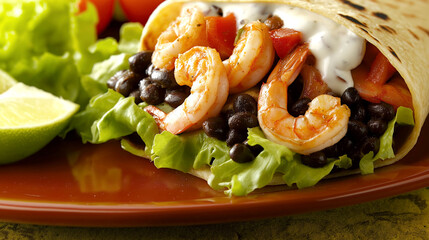 Close-Up of a Shrimp and Black Bean Burrito