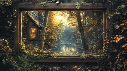 A rectangular mirror bordered with hand-painted woodland scenes in earthy greens and browns, displayed in a rustic cabin setting with soft diffused lighting,