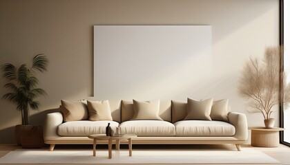 A modern living room with a beige couch and an empty white wall provides a blank canvas