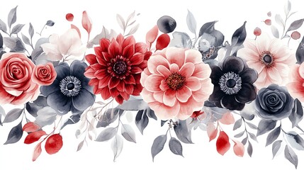 Fototapeta premium Watercolor seamless border of burgundy, blush and grey flowers and leaves.