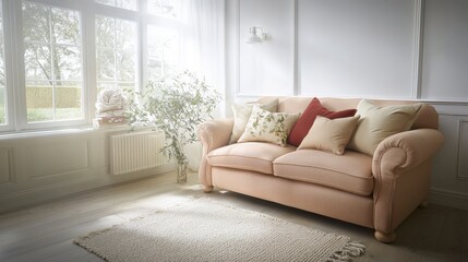 Elegant Beige Sofa with Pillows in Sunlit Living Room
