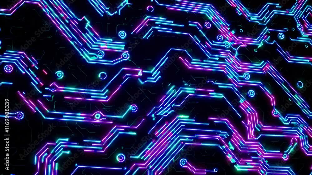 Poster Glowing neon circuitry pattern with futuristic digital elements