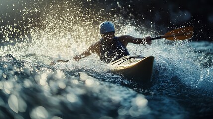 Focused shot of a canoeist skillfully maneuvering through a slalom course with energetic splashes and precise movements