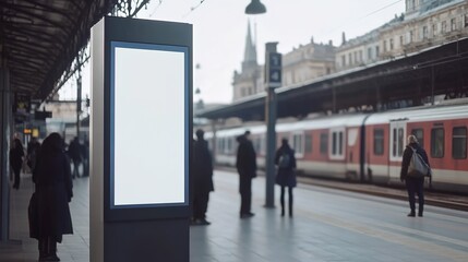 Vertical lightbox mockup billboard with a blank digital screen at a train station, ideal for advertising or public information. The scene features a clean white blank poster space in front of a crowd,