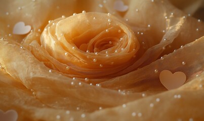 Delicate peach rose with pearls and hearts. Close-up.