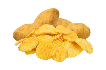 Potato chips and fresh potatoes on transparent background png