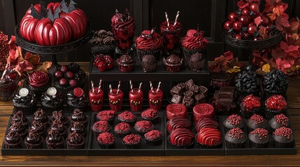 Fototapeta premium Spooky Halloween dessert table with red and black cupcakes, cake, chocolates, and candies.
