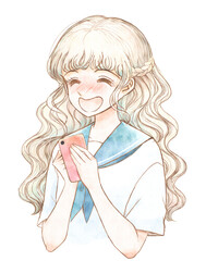 レトロ風・好きな人からメッセージが来て喜ぶセーラー服美少女