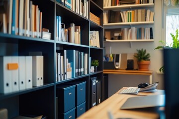 Organized storage solutions for home office bookshelves modern workspace digital content display minimalist environment inspirational viewpoint efficient storage concept