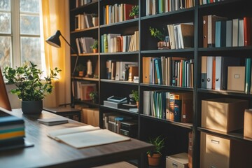 Organizing your home office neatly arranged bookshelves for effective storage solutions bright natural light environment cozy workspace viewpoint focus on productivity