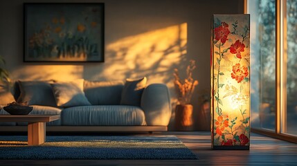 A sleek rectangular lampshade, adorned with intricate floral patterns in vibrant hues of red, green, and gold, softly illuminated in a modern living room setting,