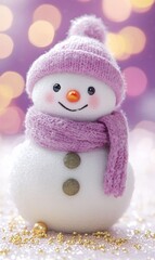 Obraz premium Cute snowman figurine with a pink knitted hat and scarf, sitting on a bed of glittery sparkles, with a bokeh background.