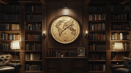 A sophisticated rectangular clock with vintage map illustrations in sepia tones, mounted on a library wall surrounded by bookshelves,