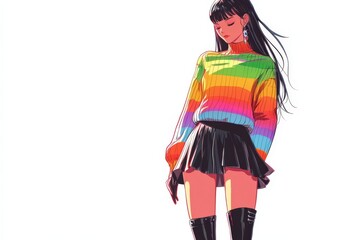 Naklejka premium Anime Girl Rainbow Sweater Black Skirt Boots