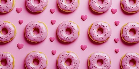 This is a delightful assortment of heart-shaped donuts with colorful sprinkles. They are perfect for a romantic occasion or as a playful snack.