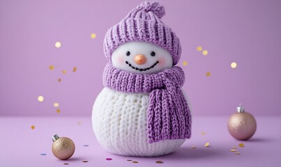 Obraz premium Cute knitted snowman in purple hat and scarf with Christmas ornaments on purple background.