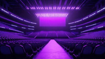 Fototapeta premium 3D Cyber Stadium design with futuristic purple lighting, glowing techno-row seats, and vibrant screens, empty and awaiting a virtual event
