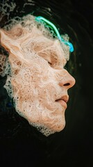 Obraz premium Abstract Face in Foam Surreal Underwater Photography Dark Background Neon Accents