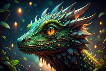 Obraz premium AI art depicts a macro green dragon, a surreal night scene, breathing fantasy into reality.