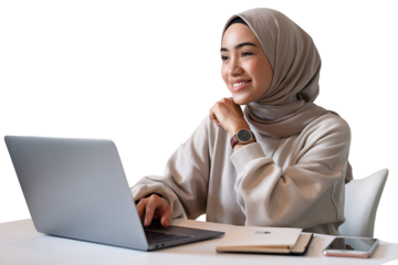 Smiling Woman in Hijab Working on Laptop on transparent background 