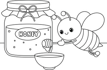 Cute kawaii cartoon character bee with honey coloring page for kids