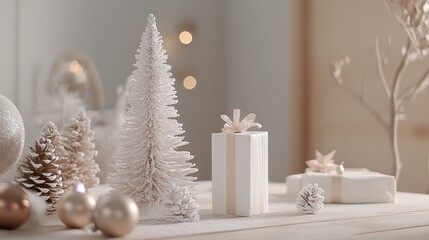 New Year's Atmosphere with White Paint on the Table, Christmas Tree, and Gifts: Creating a Festive and Joyful Holiday Vibe for Celebrations.