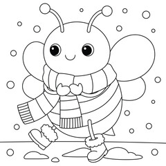 Cute kawaii cartoon character bee wearing scarf in winter coloring page for kids