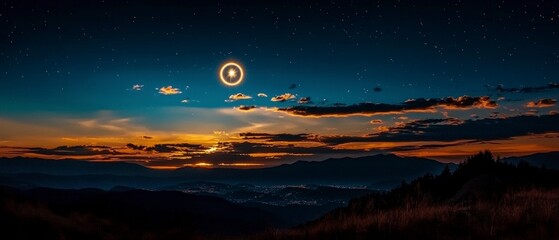 Fototapeta premium Annular Solar Eclipse over Mountain Range at Sunset