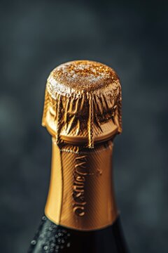 Close-up of a bottle of champagne with its gold foil popped top, indicating it's ready to be enjoyed.