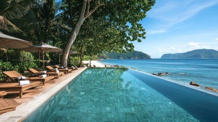 Fototapeta premium A breathtaking infinity pool with crystal-clear waters at a beachfront resort, panoramic views of the azure ocean stretching under the bright summer sun