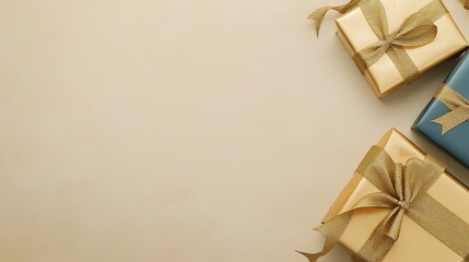 Elegant gold and teal gift boxes on beige background