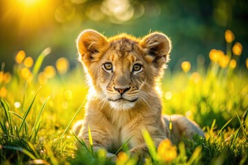 A playful lion cub and regal lion, captured in a beautiful jungle portrait.