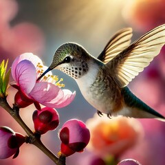 Naklejka premium hummingbirds feeding on nectar from bright spring blooms. Generative AI