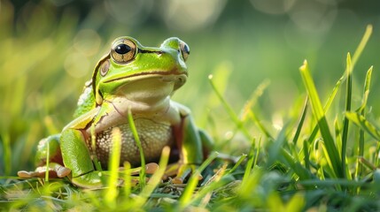 Obraz premium European tree frog sitting on hay against a clear green background, AI generated image