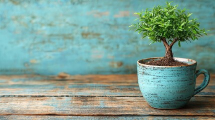 Miniature tree planted in a rustic blue ceramic cup on a wooden surface with a vintage turquoise background, blending nature and creativity.