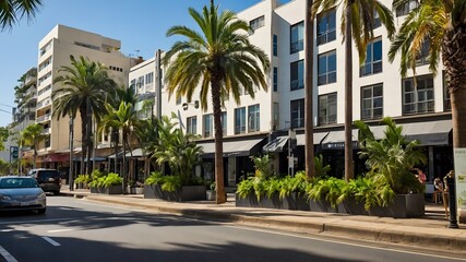 Obraz premium Urban Scene Featuring Bangalow Palms Merging Nature with Contemporary Architecture