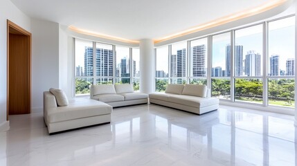 Fototapeta premium Modern White Living Room with Large Windows and City View