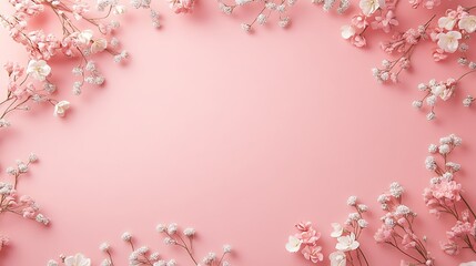 Delicate Pink Flowers Frame a Blank Pink Background