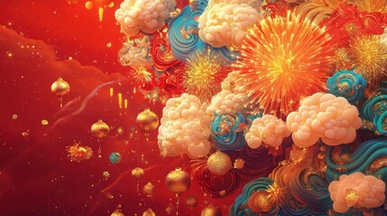 Obraz premium A cheerful Chinese New Year design with a bright red backdrop, golden ornaments, swirling clouds, and colorful fireworks, rendered in a soft, detailed 3D style