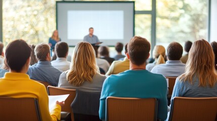 Obraz premium Group of Diverse People Sitting in Chairs Watching Presentation on Screen in Modern Conference Room with Natural Light