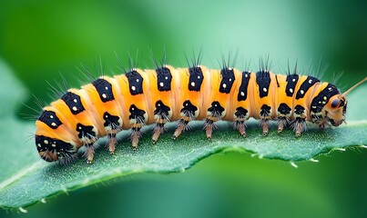 Fototapeta premium Colorful caterpillar crawling on a green leaf.